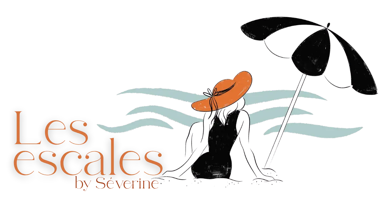 Les Escales by Séverine — illustration d'une femme au chapeau orange face à la mer sous un parasol, retraite d'entrepreneur à Pornic et Nantes