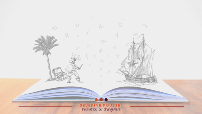 illustration article un livre ouvert sur une table, sur la gauche s'élavant tel l'imaginaire du lecture, une île, sur la droite un bateau de pirate